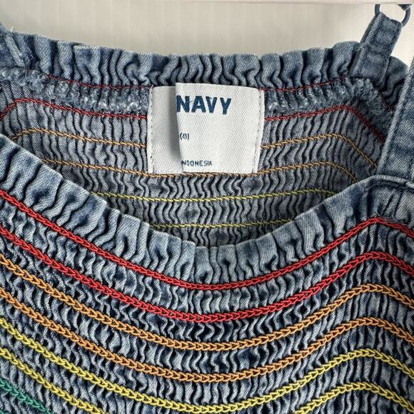 Old Navy chambray Denim Dress Rainbow Stitching Shirred - Picture 3 of 4